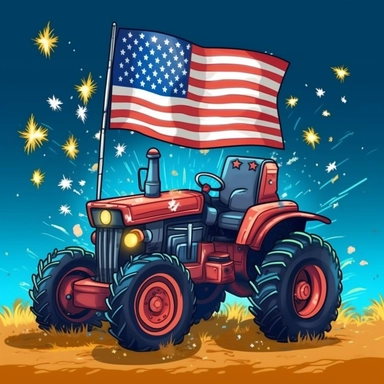 Super cute, American flag with tractor and firework Sublimation Clipart, Cartoon funny, Cute anime, Very detailed, blue sky colorful background