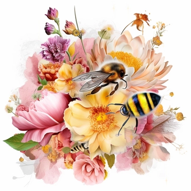 An exquisite honey bee clipart surrounded by a vibrant bouquet of flowers, with no background to distract from the natural beauty. The bee delicately perched on a blooming flower, its fuzzy body contrasting against the petals, while its translucent wings add a touch of ethereal grace. This clipart provides a perfect blend of nature's wonders