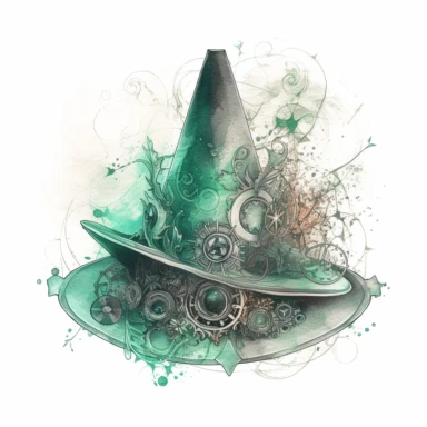a witch hat decorated with magical symbols , in the style of mystic mechanisms ,pencil art illustrations, Isolated white background, reimagined by industrial light and magic, lith printing, illusory images, watercolor clipart, very subtle emerald tones, , ,