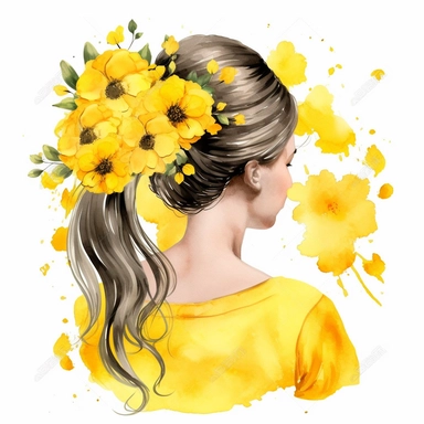 watercolor A woman's face, full body, back view Buttercups: These bright yellow flowers are a favorite among children and are often used to represent happiness and sunshine. with flowers and leaves adorning her hair. hair up with flowers vividly bold designs png Full body realistic cartoon in 32K UHD cute. 15 cm thick outline. Black color. There was no shadow on the ground. 8k with realistic watercolors. and detailed illustrations. PNG clipart, transparent white background
