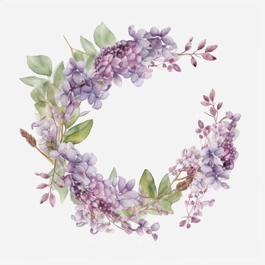 watercolor lilac wreath on white background, in the style of muted and subtle tones, intricate floral arrangements, uhd image, subtle realism, asymmetrical framing, fawncore, wedding clipart, floral accents, no background