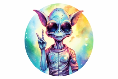alien giving a peace sign, colorful vibrant watercolor clipart