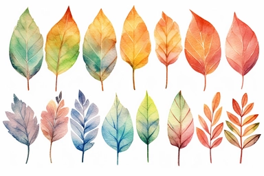 Watercolor, Create an image highlighting different venation patterns in leaves, clipart, hd, on a white background, spaced out