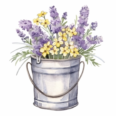 Design a dreamy watercolor clipart of Provence-inspired Wildflowers, lavender, and chamomile arranged in a rustic tin pail composition, hand-painted with soft and graceful brushstrokes. Draw inspiration from the artistic finesse of Ethereal Petals Watercolors for a refined and ethereal depiction. isolated on a white background, hand-drawn illustration, hand-painted watercolor texture, 16k UHD resolution, intricately detailed, sharp focal points, designed by Ana Victoria Calderon and Holly Exley,