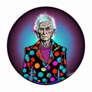 dignified strong elderly warrior in a smoking jacket, handpainted enamel punk fashion poster, clipart illustration, circle white background, circle border