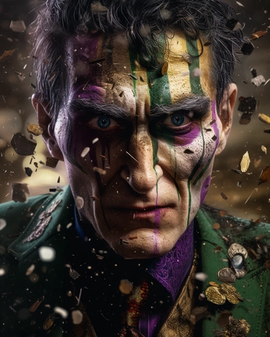 Digital art, Extreme Closeup of Joker with gold makeup and black hair, in the style of dadaist photomontage, octane render, kintsugi, devilcore, raw character, dark silver and gold, sony alpha a7 iii. Wearing a gold suit with black accents, a purple shirt, and a green tie, he stands in front of a chaotic collage of newspaper clippings, posters, and photographs, some of them torn or burned. His face is covered with gold paint, except for his eyes and mouth, which are exaggerated with black eyelin