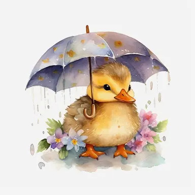 Watercolor FLORAL DUCKING IN RAIN CARRYING AN UMBRELLA clipart, Cute baby animal clipart, WATERCOLOR ART, CUTE BABY DUCKING, ONE DUCK IN ONE IMAGE, HIGH QUALITY