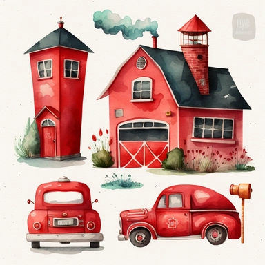 watercolor clipart of a cute red fire station , different lateral standing poses, cute cartoon vehicle, pastel