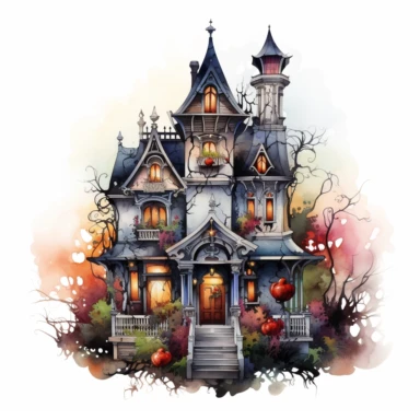elaborate and detailed colorful watercolor haunted house, clip art, white background