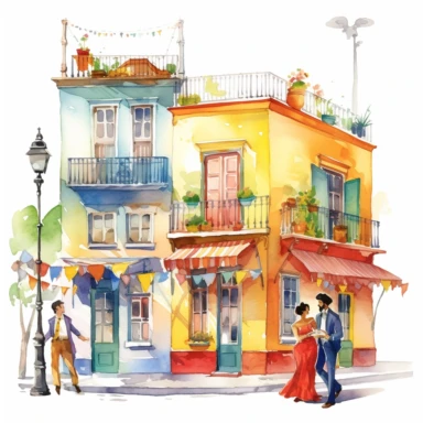 Very cute and Whimsical street of Buenos Aires, cute houses, folkloristic La Boca neighborhood, Tango dance, beautiful, Watercolored illustration, clipart, white background