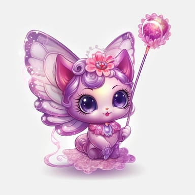 Traditional Hello Kitty. large fairy wings, large purple and pink shimmering wings, holding fairy wand, Fantasy Clipart, PNG Clipart, Illustration clipart, 4K, extremely detailed