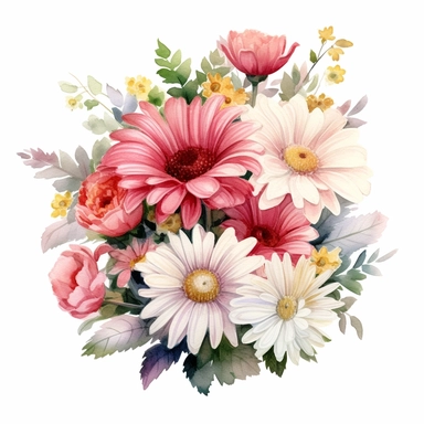 realistic watercolor arrangement of roses, daisies and gerberas, white background, soft lighting, clear outlines, clipart