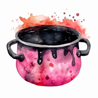 Halloween cauldron, dark pink and black color, watercolor, clipart, illustration, white background