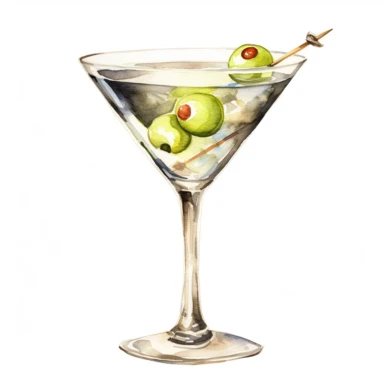 a watercolor clipart of a Dirty Martini cocktail in a martini glass on a white background, in the style of realistic watercolor paintings, realistic, detailed rendering
