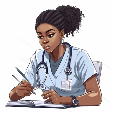 clipart black woman in nursing school wearing grey scrubs with a stethoscope and studying for exams. White background for t-shirt .