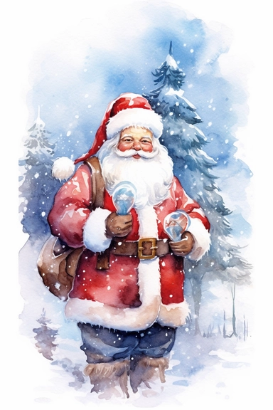 christmas theme Watercolor Cute santa claus wearing red & blue Clipart Collection in beautiful winter landscape with a lot of snow and a small lake, christmas theme, detailed, isolated, white background, one pattern,