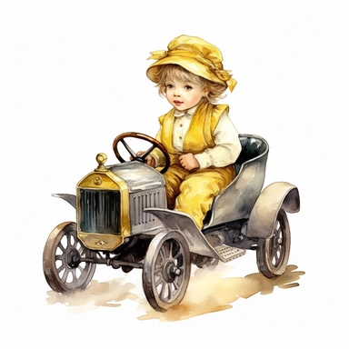 Watercolor Victorian baby girl in driving a yellow ford t car from the era clipart , on a white background, Illustration clipart, 4K, extremely detailed