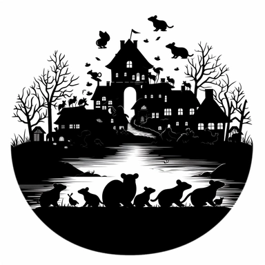 cliparts, papercut illustration, rat invasion in medieval farm , white background, black silhouettes, transparent