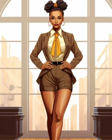Extremely realistic digital illustration clipart, vector art of ultra beautiful African American woman entrepreneur with beautiful goddess braids, dressed in brown leather business knee length dress suit and bow tie in the year 2023, standing in the center of an office on a white background