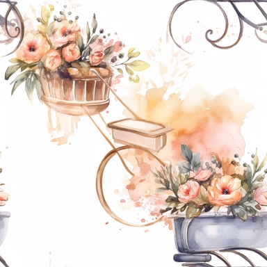 Draw a watercolor-style clip art images that feature objects related to an aesthetic adorned with floral designs. The images should have aesthetic, and should incorporate elements such as watercolor [gold] whimsical and cute illustration in watercolor of baby stroller (https://cdn.midjourney.com/152d87ad-3fb9-4f89-9efc-4d84587ab96c/0_1.png) with black ornaments , in a Scandinavian folk art style with botanical and swirl motifs. light pink gold colors Traditional with a modern twist watercolorite
