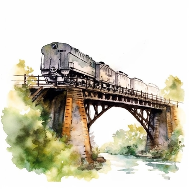 A watercolor clip-art featuring a vintage train bridge, capturing the architectural beauty and engineering marvel of historic train bridges, sepia-toned colors, white background, scrapbooking, intricate details, visible brush strokes, and realistic painting, on the theme of vintage train bridge artwork for landscape decor and trending on Etsy