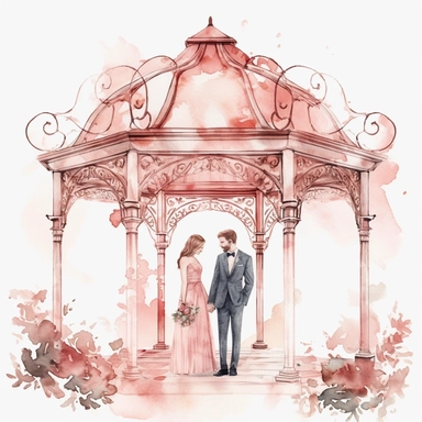 watercolor pretty bride and groom, ornate gazebo, Dusty pink - red, white - Clipart, minimal, white background, floral