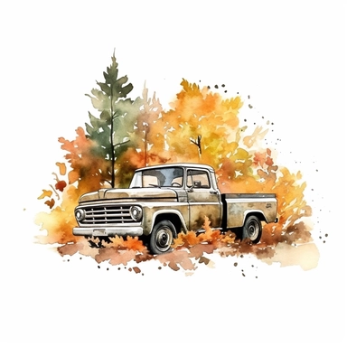 watercolor clipart, high detailed fall pickup driving scene, white background