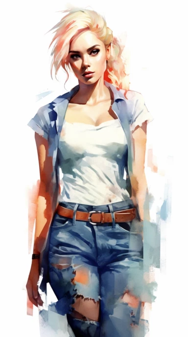 watercolor stylized clipart of a gorgeous norwegian woman bombshell in a white croptop and denim overalls, posing, epic light, chaotic,