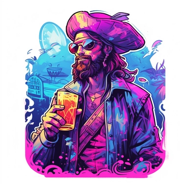 synthwave-styled drunk Pirate, watercolor , in the style of dan mumford, light magenta, tropical symbolism, cute and colorful, transparent layers, rounded, vibrant and colorful, clipart, white background, high detail, individual elements