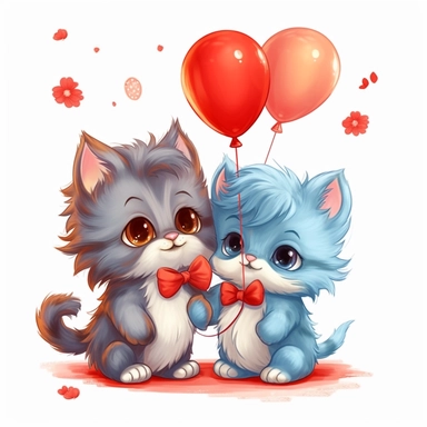 two cute Persian kittens boy and girl kissing and hugging in love and a lots of red hearts baloons aroud them clipart