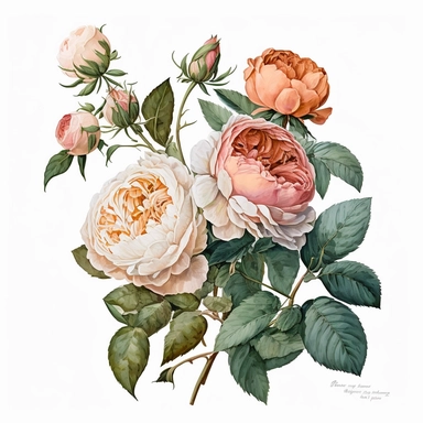 realistic hand painted watercolor of a boquet of david austin english roses, clean white background, clipart