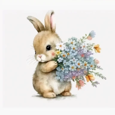 Watercolor Little bunny holding colorful flowers clipart, High Quality, white background