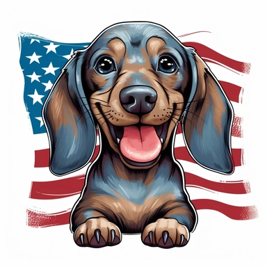 a cute dachshund puppy holding an american flag in his mouth, clipart style red white blue