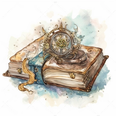 An antique-inspired clipart design of an old magic book, featuring intricate details, worn edges, and a mystical aura, perfect for adding a touch of enchantment to your designs, watercolor