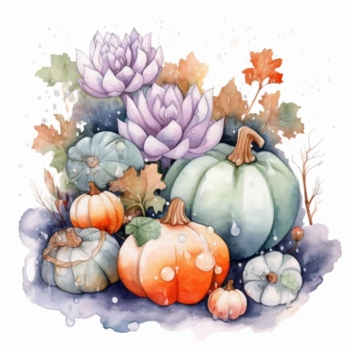 adorable watercolor winter illustration clipart, lotuses and pumpkins under the snow, winter, dark colours, highly detailed, markers copic style, white background