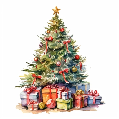 , Beautiful decorated christmas tree with presents, isolated on white background, watercolor, high detail, unique, intricate detail, hand - painted lateral view, clipart, transparent background, clear background, high resolution, watercolor, vector, 12k, 300 dpi, 12: 12 ratio