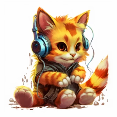 cute kitten listening to music in the style of skottie young, clipart