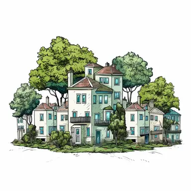 new trees in front yards, hand drawn community, vector illustration, clip art, coloring book style, poor, urban, apartments, transparent background, v5