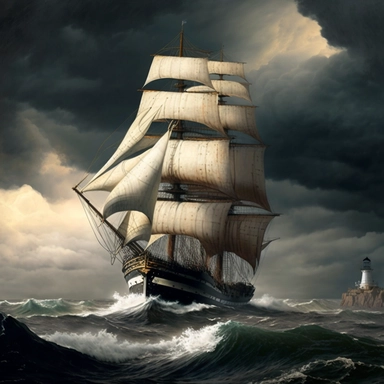 image, 1700's clipper ship with big white sails, sailing on rough seas, dark clouds in the sky, light house in the background, in the style of Simon Vouet – ar 9:13