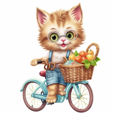 Create a clipart of a cute kitten riding a bicycle with a basket full of picnic food, ready for a day in the park. Low detail. White background, soft lighting. In the style of Bob Ross