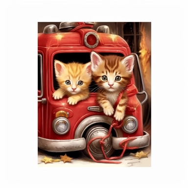 Nestled inside and out of a fireman boot, outside the big doors of a fire out, a pair of adorable, fluffy kittens romp, fire engine clipart