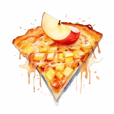 clipart on white background of an apple cheesy pizza slice with cheese strings shaped drawn with watercolors, aquarell