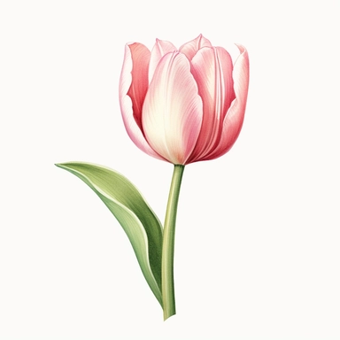 Romantic pink tulip clipart against a pure white background. The illustration showcases a graceful pink tulip with elegant petals and slender green stems. The color palette includes shades of soft pink and hints of green. The white background adds a contemporary and clean aesthetic, allowing the tulip to shine. The lighting is gentle, casting a subtle glow on the tulip's delicate features. The atmosphere exudes a sense of romance and natural beauty.