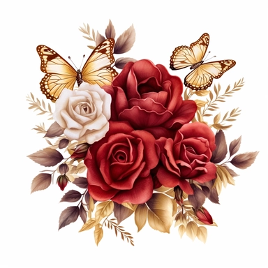 realistic elegant watercolor maroon red roses and golden leaves clipart with red and gold butterfly in white background
