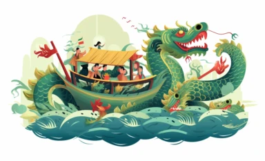 chinese new year dragon design dragons fish boat cartoon clipart, in the style of light green and crimson, uhd image, dutch marine scenes, sopheap pich, traditional costumes, arthur dove, multi-layered figures