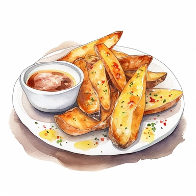 Watercolor detailed illustration ofPotato wedges served with dipping sauce on a plate, clipart, white background