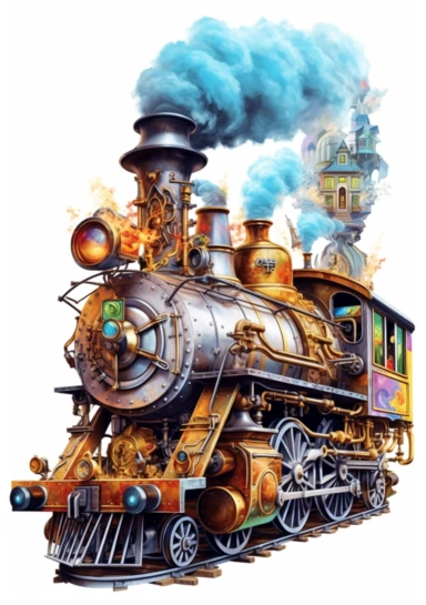 Locomotive Steampunk, big beautiful locomotive, bursting with steam, Steampunk Clipart, Retro Futuristic, Victorian Era Art Print, colorful, details, high quality 8K, white background