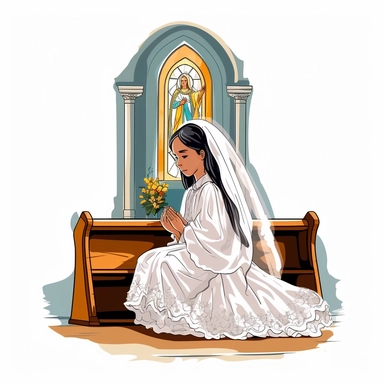 young filipina girl wearing a first communion veil and kneeling in the front pew of a catholic church. cartoon art. vector. high contrast. clip art. icon. sticker. white background. watercolor
