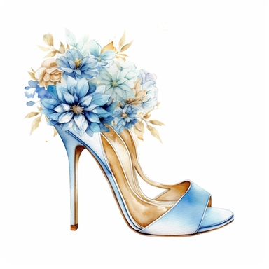 floral Wedding heels watercolor clipart, light blue and gold, white background