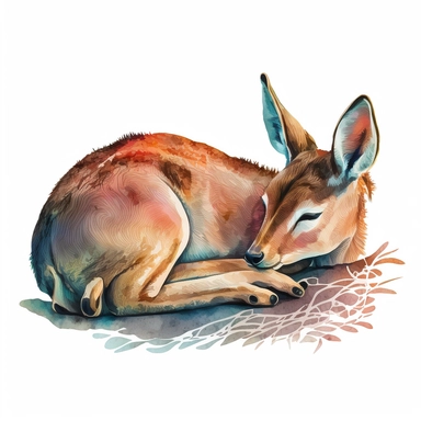 a colorful watercolor detailed illustration of a sleeping doe, clipart, digital art, white background